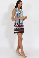 Blue Stripe Geo Border Print Cut Out High Neck Dress - Perla-Dresses
