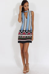 Blue Stripe Geo Border Print Cut Out High Neck Dress - Perla-Dresses