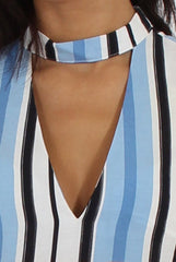 Blue Stripe Geo Border Print Cut Out High Neck Dress - Perla-Dresses