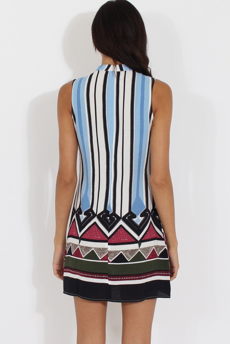 Blue Stripe Geo Border Print Cut Out High Neck Dress - Perla-Dresses