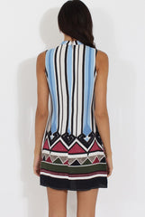 Blue Stripe Geo Border Print Cut Out High Neck Dress - Perla-Dresses
