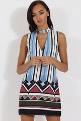 Blue Stripe Geo Border Print Cut Out High Neck Dress - Perla-Dresses
