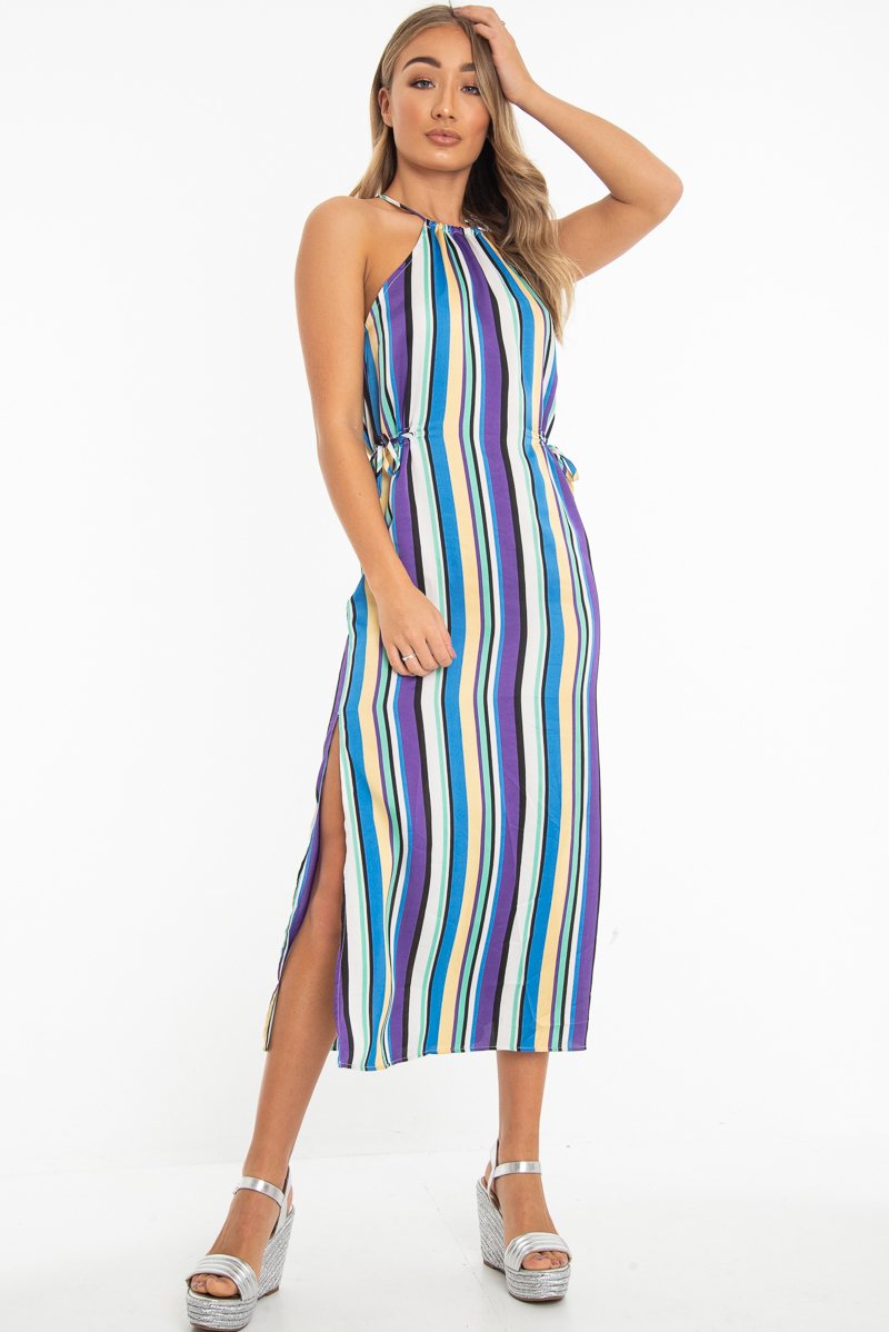 Blue Stripe Halterneck Drawstring Waist Maxi Dress - Melanie-Dresses