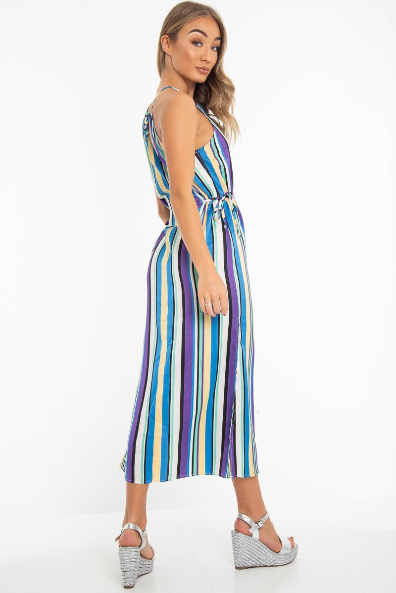 Blue Stripe Halterneck Drawstring Waist Maxi Dress - Melanie-Dresses