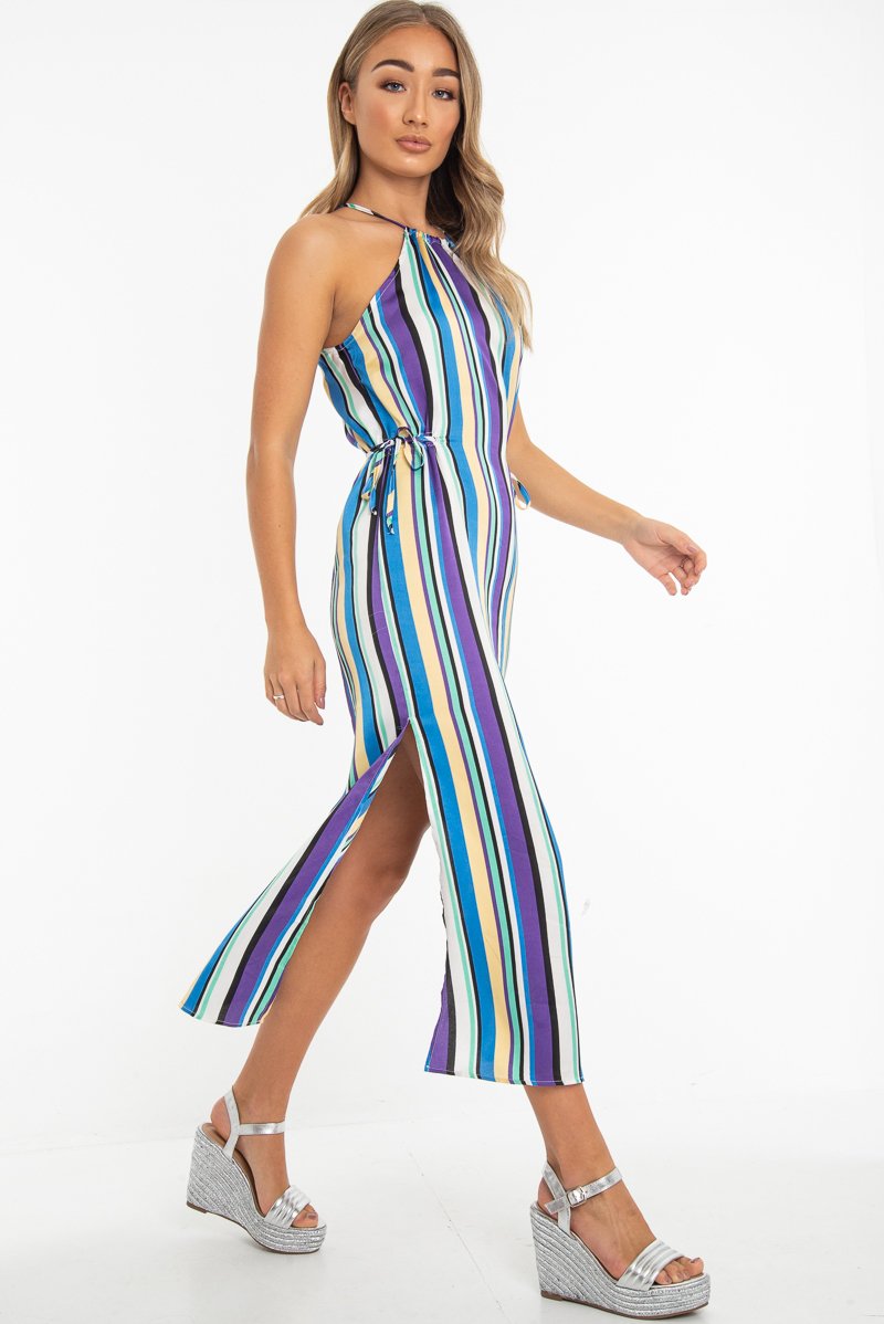 Blue Stripe Halterneck Drawstring Waist Maxi Dress - Melanie-Dresses