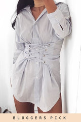 Blue Stripe Lace Up Shirt Dress - Sian-Dresses