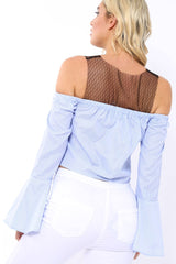 Blue Stripe Mesh Detail Cold Shoulder Top - Kiley-Tops