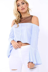 Blue Stripe Mesh Detail Cold Shoulder Top - Kiley-Tops