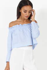 Blue Stripe Off Shoulder Crop Top - Violetta-Crop Tops