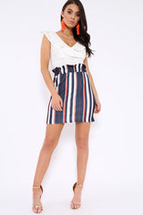 Blue Stripe Paper Bag Ruffle Hem Mini Skirt - Lynzie-Skirts