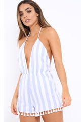 Blue Stripe Plunge Playsuit with Tassels - Erianna-Playsuits