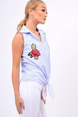 Blue Stripe Tie Front Sleeveless Shirt - Joely-Shirts