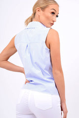 Blue Stripe Tie Front Sleeveless Shirt - Joely-Shirts