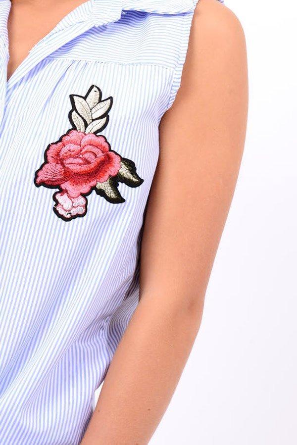 Blue Stripe Tie Front Sleeveless Shirt - Joely-Shirts