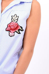 Blue Stripe Tie Front Sleeveless Shirt - Joely-Shirts