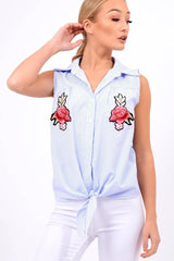 Blue Stripe Tie Front Sleeveless Shirt - Joely-Shirts