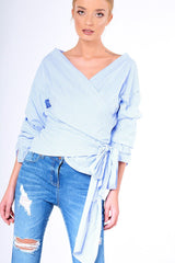Blue Stripe Wrap Around Tie Waist Top - Rhona-Tops