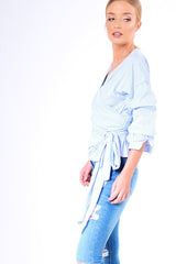 Blue Stripe Wrap Around Tie Waist Top - Rhona-Tops