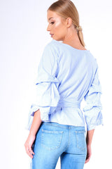 Blue Stripe Wrap Around Tie Waist Top - Rhona-Tops