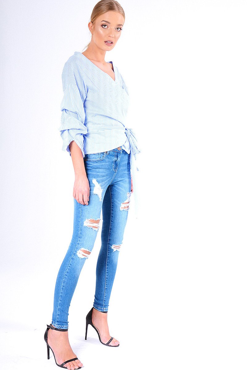 Blue Stripe Wrap Around Tie Waist Top - Rhona-Tops