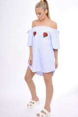 Blue Striped Bardot Embroidered Dress - Amette-Dresses