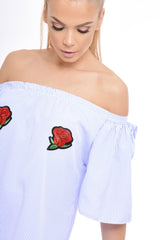 Blue Striped Bardot Embroidered Dress - Amette-Dresses