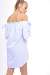 Blue Striped Bardot Embroidered Dress - Amette-Dresses