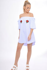 Blue Striped Bardot Embroidered Dress - Amette-Dresses