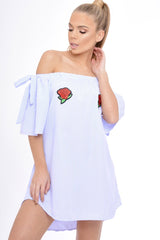 Blue Striped Bardot Embroidered Dress - Amette-Dresses