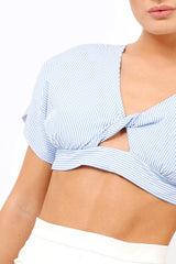 Blue Striped Bow Back crop Top - Jayme-Crop Tops
