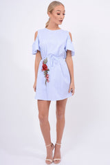 Blue Striped Cold Shoulder Embroidered Shirt Dress - Isadora-Dresses