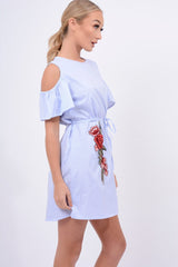 Blue Striped Cold Shoulder Embroidered Shirt Dress - Isadora-Dresses