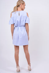 Blue Striped Cold Shoulder Embroidered Shirt Dress - Isadora-Dresses