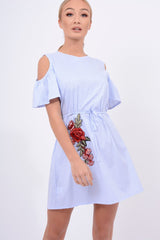Blue Striped Cold Shoulder Embroidered Shirt Dress - Isadora-Dresses