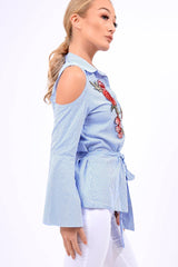 Blue Striped Cold Shoulder Tie Shirt - Aniyah-Shirts