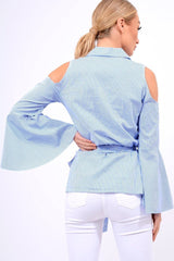 Blue Striped Cold Shoulder Tie Shirt - Aniyah-Shirts