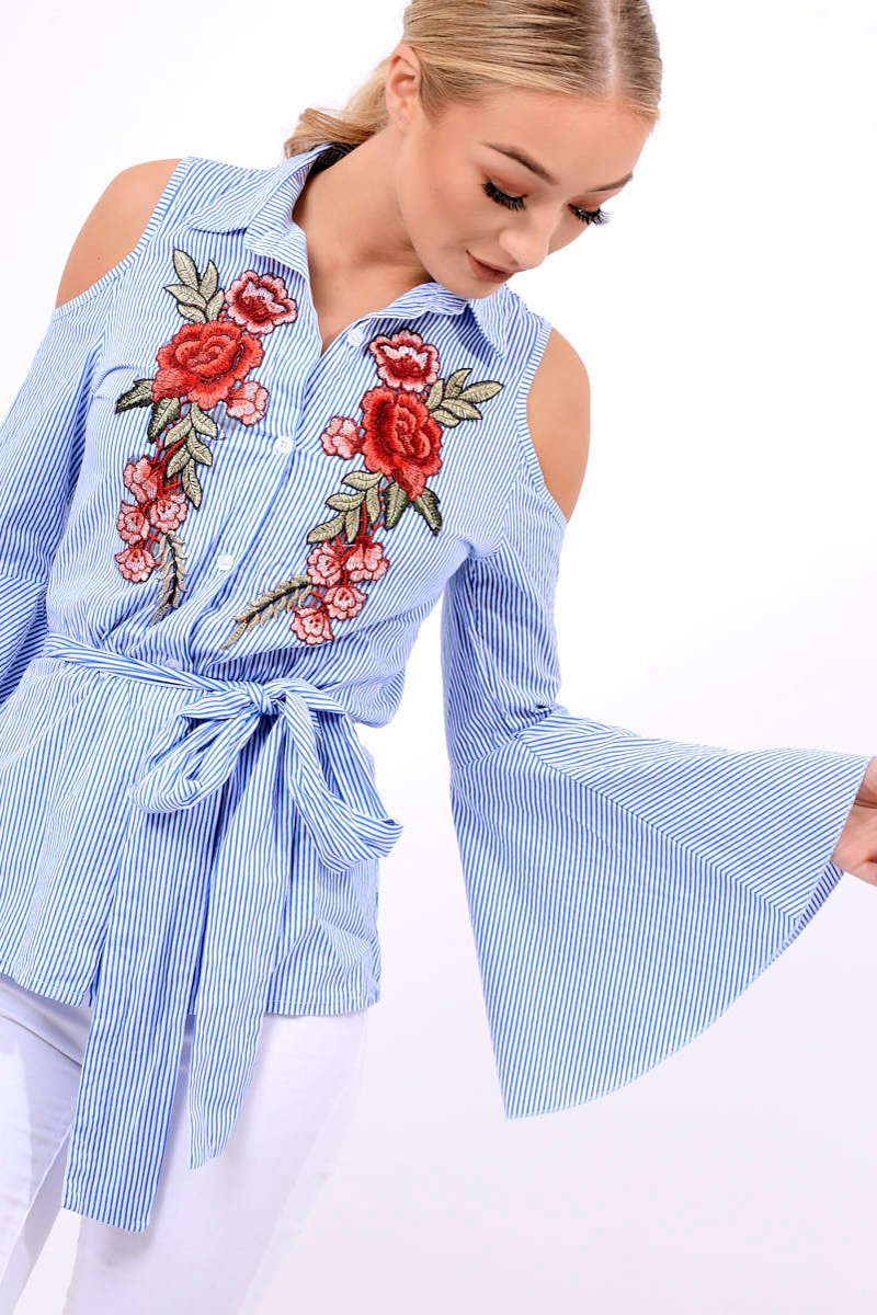 Blue Striped Cold Shoulder Tie Shirt - Aniyah-Shirts