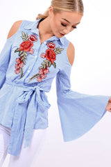 Blue Striped Cold Shoulder Tie Shirt - Aniyah-Shirts