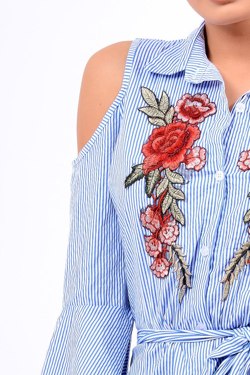Blue Striped Cold Shoulder Tie Shirt - Aniyah-Shirts