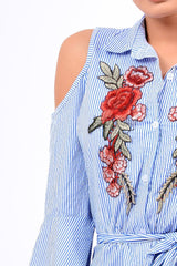 Blue Striped Cold Shoulder Tie Shirt - Aniyah-Shirts