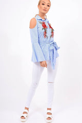 Blue Striped Cold Shoulder Tie Shirt - Aniyah-Shirts