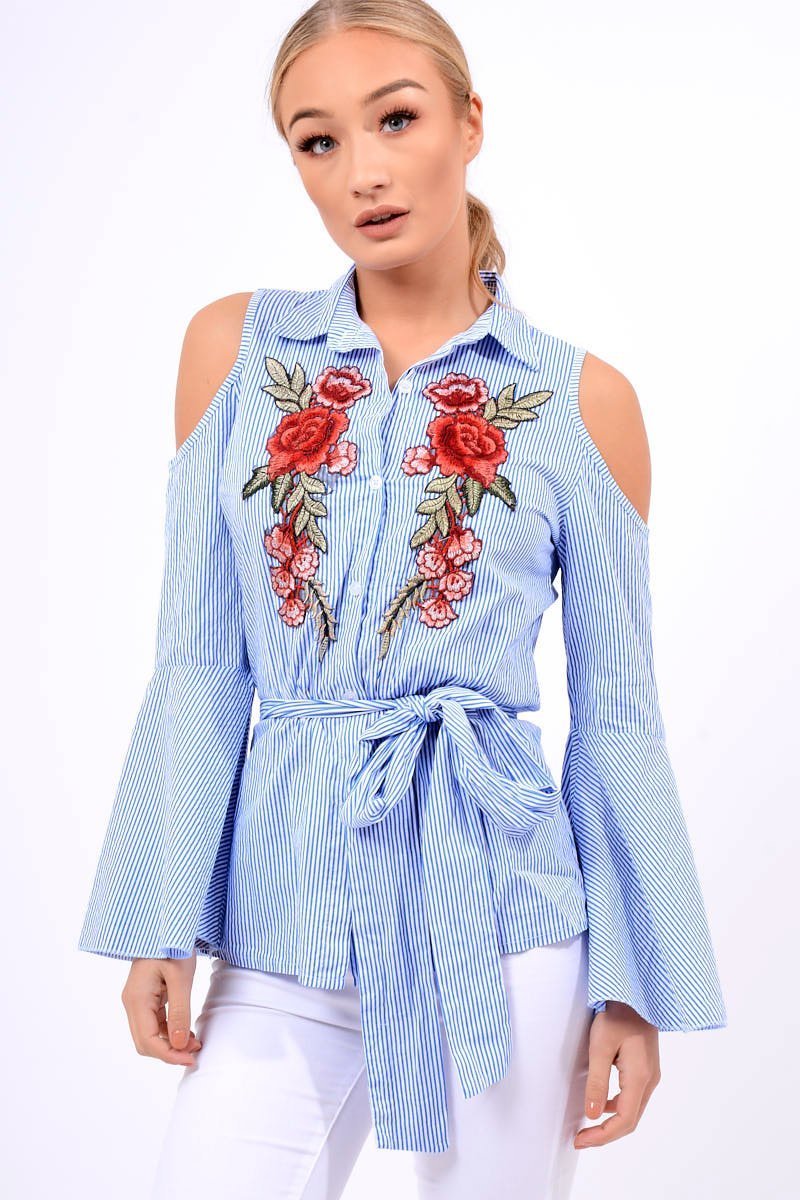 Blue Striped Cold Shoulder Tie Shirt - Aniyah-Shirts