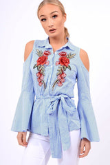 Blue Striped Cold Shoulder Tie Shirt - Aniyah-Shirts