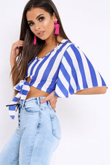 Blue Striped Cut Out Tie Front Crop Top - Evelia-Tops