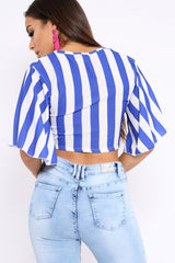 Blue Striped Cut Out Tie Front Crop Top - Evelia-Tops
