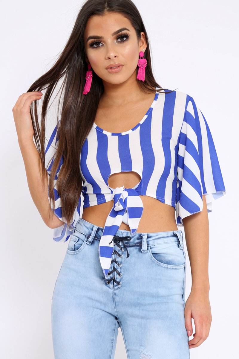 Blue Striped Cut Out Tie Front Crop Top - Evelia-Tops