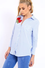 Blue Striped Embroidered Bell Sleeve Shirt - Tamra-Shirts