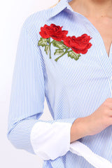 Blue Striped Embroidered Bell Sleeve Shirt - Tamra-Shirts