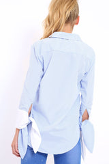 Blue Striped Embroidered Bell Sleeve Shirt - Tamra-Shirts