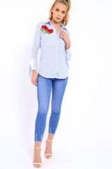 Blue Striped Embroidered Bell Sleeve Shirt - Tamra-Shirts
